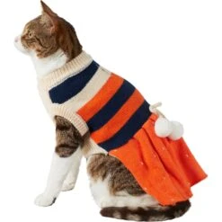 Frisco Pom Pom Bow Striped Dog & Cat Sweater Dress -Meow Meals 223722 PT2. AC SS1800 V1608820386