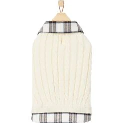 Frisco Cream Cable Knit Dog & Cat Sweater, White/Red Plaid -Meow Meals 268057 PT4. AC SS1800 V1628740041