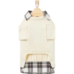 Frisco Cream Cable Knit Dog & Cat Sweater, White/Red Plaid -Meow Meals 268057 PT5. AC SS1800 V1628739996