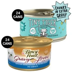 Tiny Tiger Chunks In EXTRA Gravy Seafood Recipe Grain-Free Canned Cat Food & Fancy Feast Gravy Lovers Ocean Whitefish & Tuna Feast In Sauteed Seafood Flavor Gravy Canned Cat Food