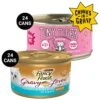 Tiny Tiger Chunks In Gravy Salmon & Whitefish Recipe Grain-Free Canned Cat Food & Fancy Feast Gravy Lovers Salmon & Sole Feast In Seared Salmon Flavor Gravy Gourmet Wet Cat Food
