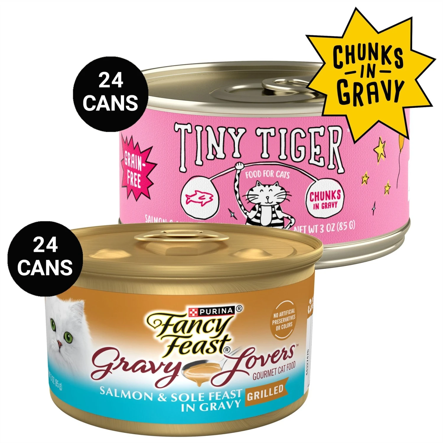 Tiny Tiger Chunks In Gravy Salmon & Whitefish Recipe Grain-Free Canned Cat Food & Fancy Feast Gravy Lovers Salmon & Sole Feast In Seared Salmon Flavor Gravy Gourmet Wet Cat Food 3 Tiny Tiger Chunks In Gravy Salmon & Whitefish Recipe Grain-Free Canned Cat Food & Fancy Feast Gravy Lovers Salmon & Sole Feast In Seared Salmon Flavor Gravy Gourmet Wet Cat Food