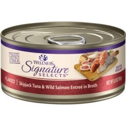 Wellness Seafood Pate Favorites Canned Cat Food, 3-oz, Case Of 24 & Wellness CORE Signature Selects Flaked Skipjack Tuna & Wild Salmon Entree In Broth Grain-Free Canned Cat Food -Meow Meals 298732 PT1. AC SS1800 V1621982880