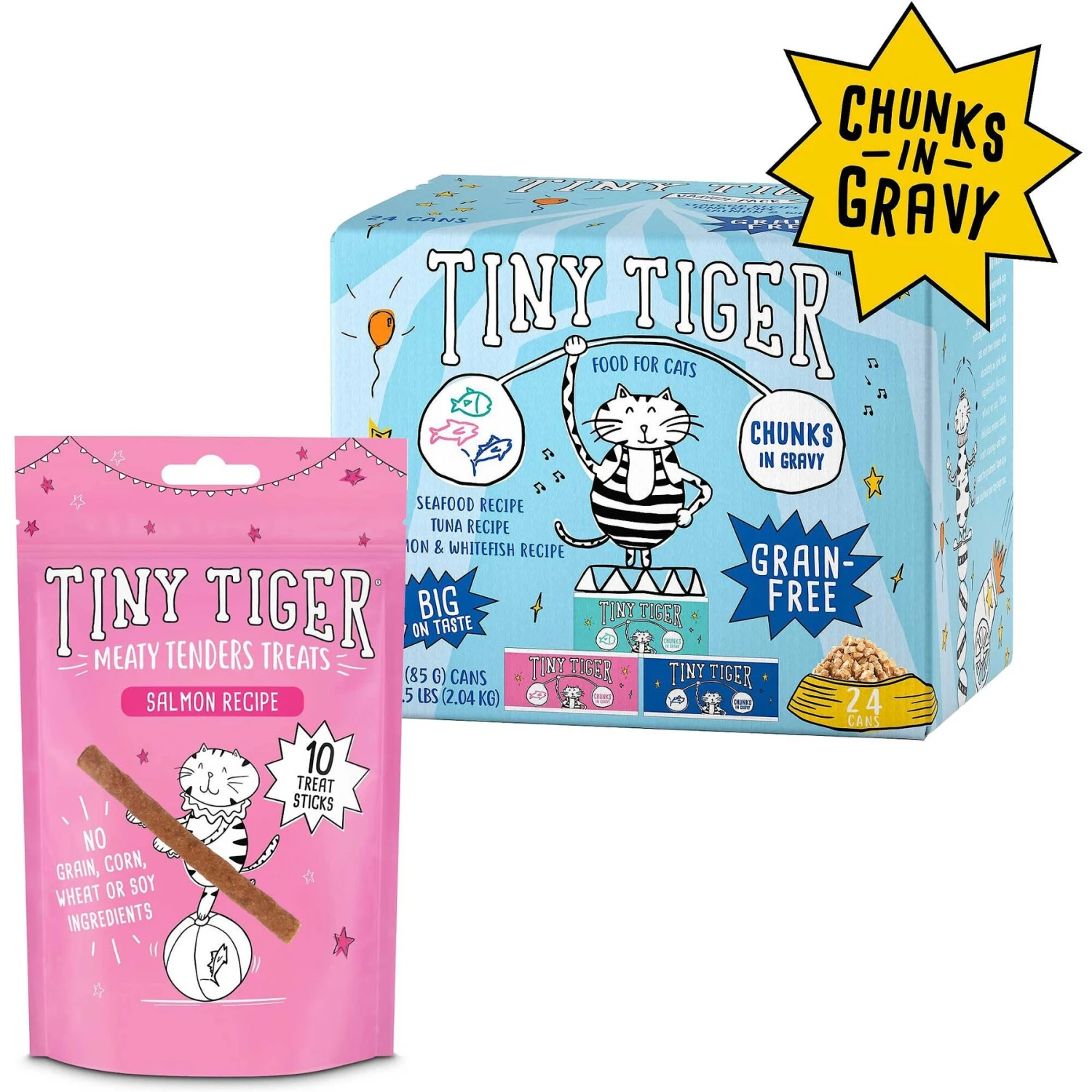 Tiny Tiger, Meaty Tenders Cat Treats, Salmon Recipe & Tiny Tiger Chunks In Gravy Seafood Recipes Variety Pack Grain-Free Canned Cat Food 3 Tiny Tiger, Meaty Tenders Cat Treats, Salmon Recipe & Tiny Tiger Chunks In Gravy Seafood Recipes Variety Pack Grain-Free Canned Cat Food