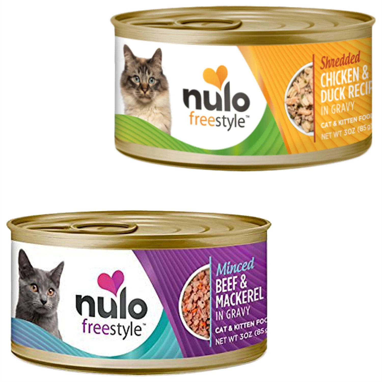 Nulo Freestyle Minced Beef & Mackerel In Gravy Grain-Free Canned Cat Food & Nulo Freestyle Shredded Chicken & Duck In Gravy Grain-Free Canned Cat Food 3 Nulo Freestyle Minced Beef & Mackerel In Gravy Grain-Free Canned Cat Food & Nulo Freestyle Shredded Chicken & Duck In Gravy Grain-Free Canned Cat Food