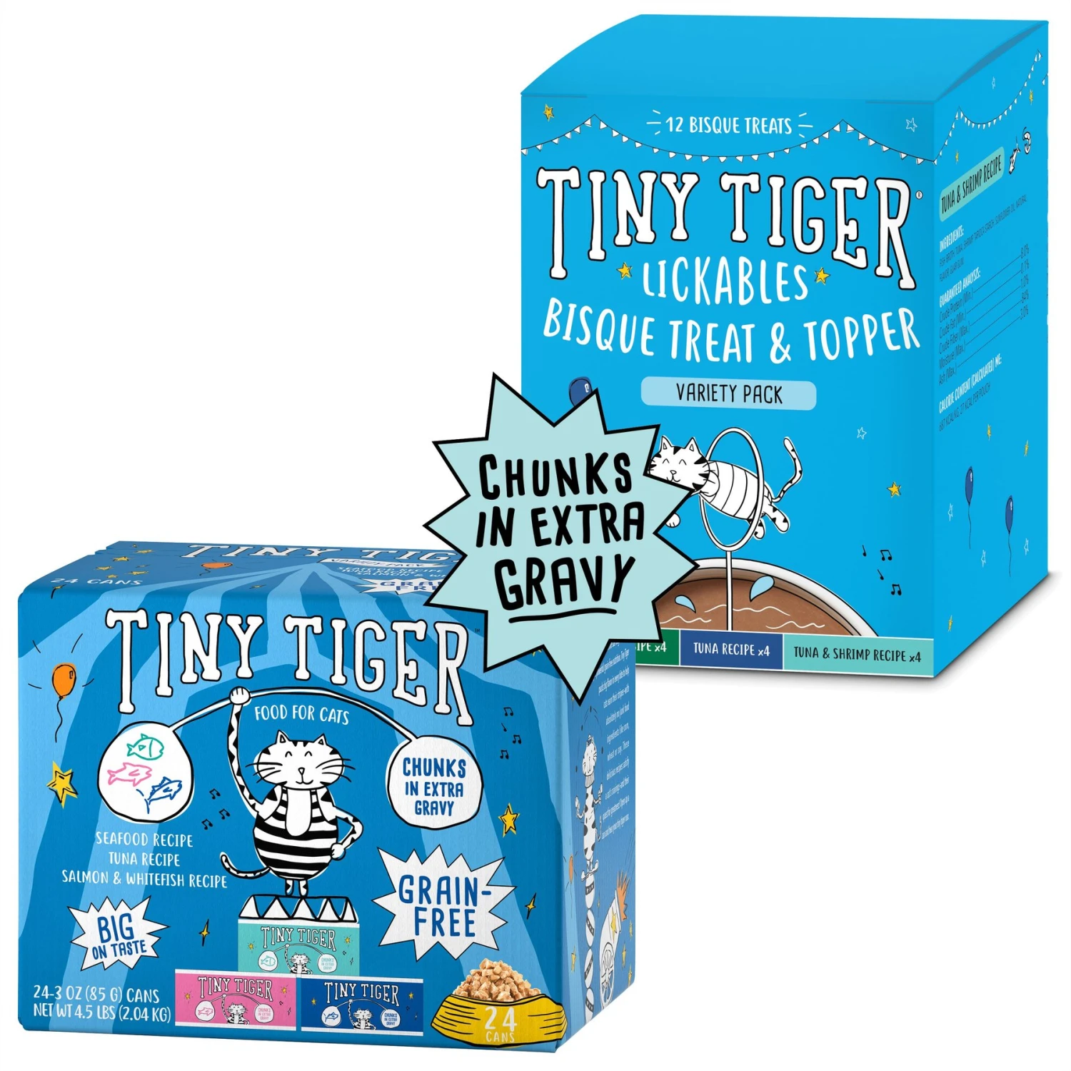 Tiny Tiger Chunks In EXTRA Gravy Seafood Recipes Variety Pack Grain-Free Canned Cat Food & Tiny Tiger, Lickables, Variety Pack, Bisque Cat Treat & Topper 3 Tiny Tiger Chunks In EXTRA Gravy Seafood Recipes Variety Pack Grain-Free Canned Cat Food & Tiny Tiger, Lickables, Variety Pack, Bisque Cat Treat & Topper
