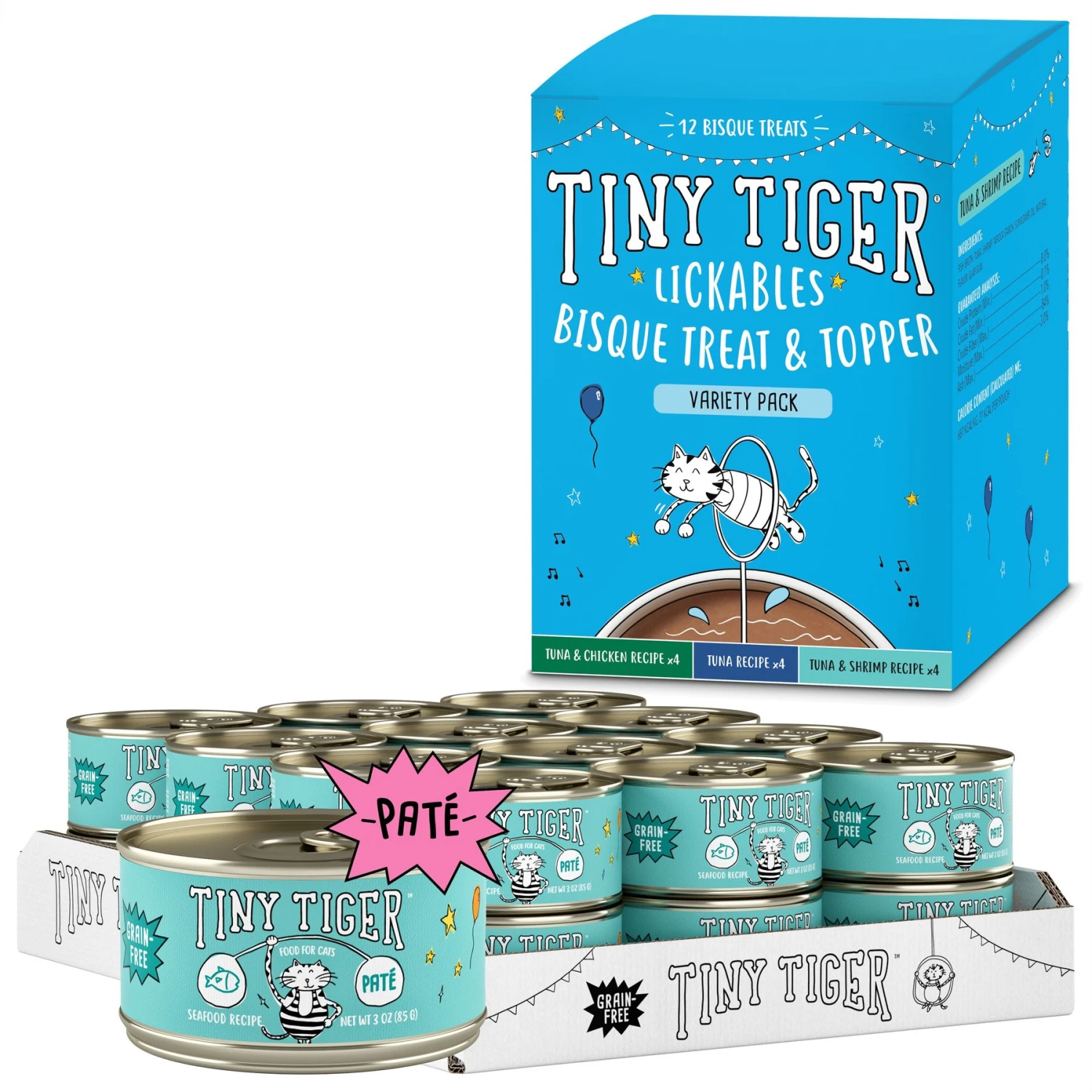 Tiny Tiger Pate Seafood Recipe Grain-Free Canned Cat Food & Tiny Tiger, Lickables, Variety Pack, Bisque Cat Treat & Topper 3 Tiny Tiger Pate Seafood Recipe Grain-Free Canned Cat Food & Tiny Tiger, Lickables, Variety Pack, Bisque Cat Treat & Topper