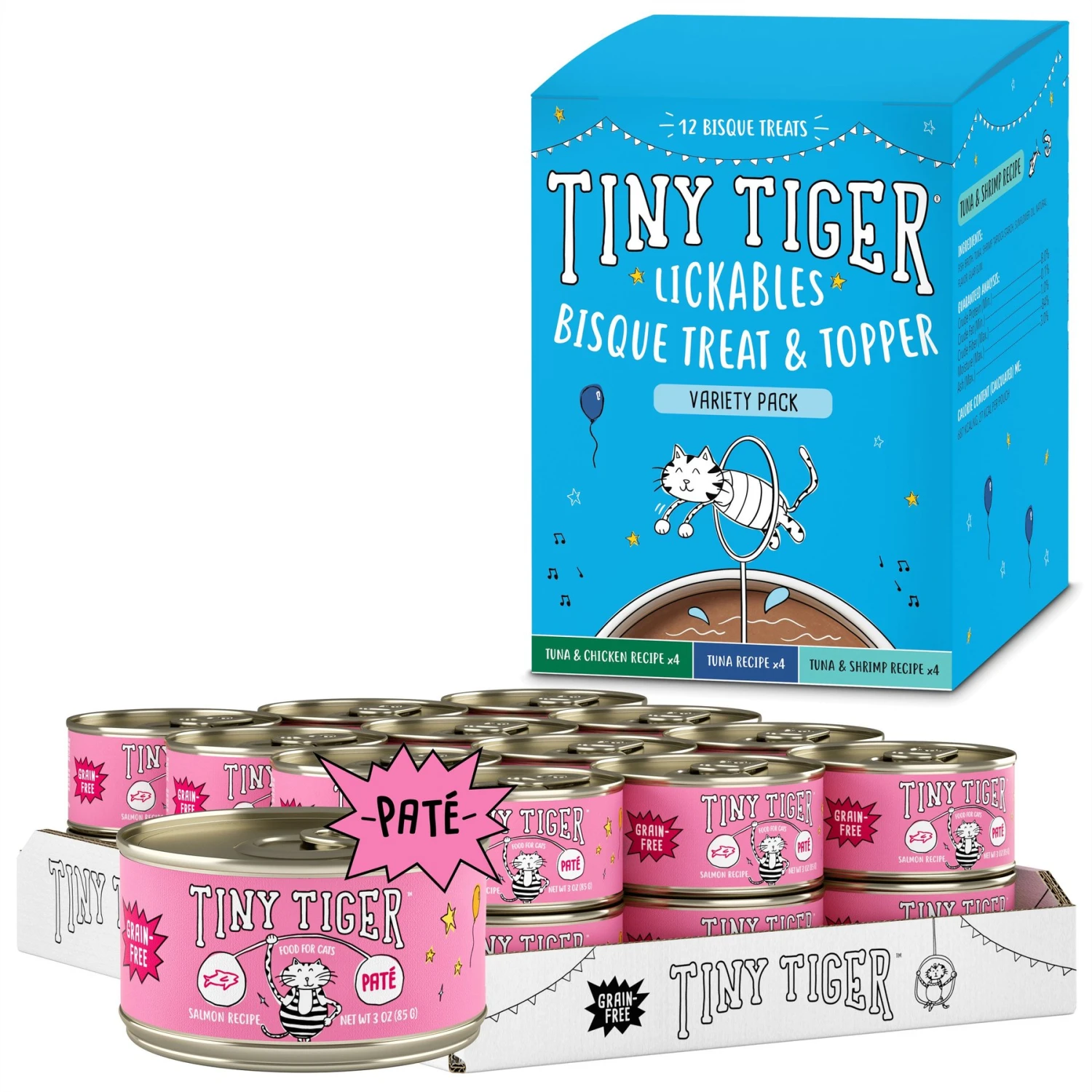 Tiny Tiger Pate Salmon Recipe Grain-Free Canned Cat Food & Tiny Tiger, Lickables, Variety Pack, Bisque Cat Treat & Topper 3 Tiny Tiger Pate Salmon Recipe Grain-Free Canned Cat Food & Tiny Tiger, Lickables, Variety Pack, Bisque Cat Treat & Topper