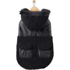 Frisco Medium Weight Faux Leather Dog & Cat Parka With Faux Fur Trimmed Hood, Black -Meow Meals 719798 PT3. AC SS1800 V1692978853