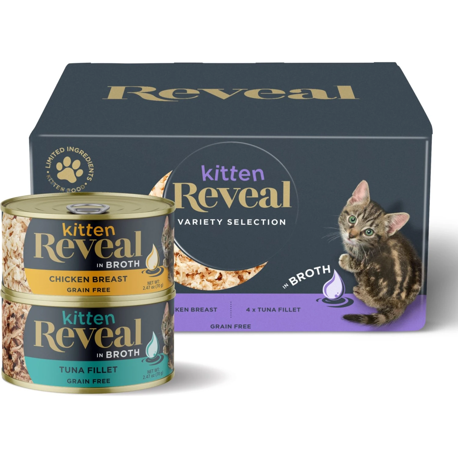 Reveal Natural Limited Ingredient Grain-Free Chicken & Tuna In Broth Variety Pack Wet Kitten Food, 2.47-oz, Case Of 8 3 Reveal Natural Limited Ingredient Grain-Free Chicken & Tuna In Broth Variety Pack Wet Kitten Food, 2.47-oz, Case Of 8