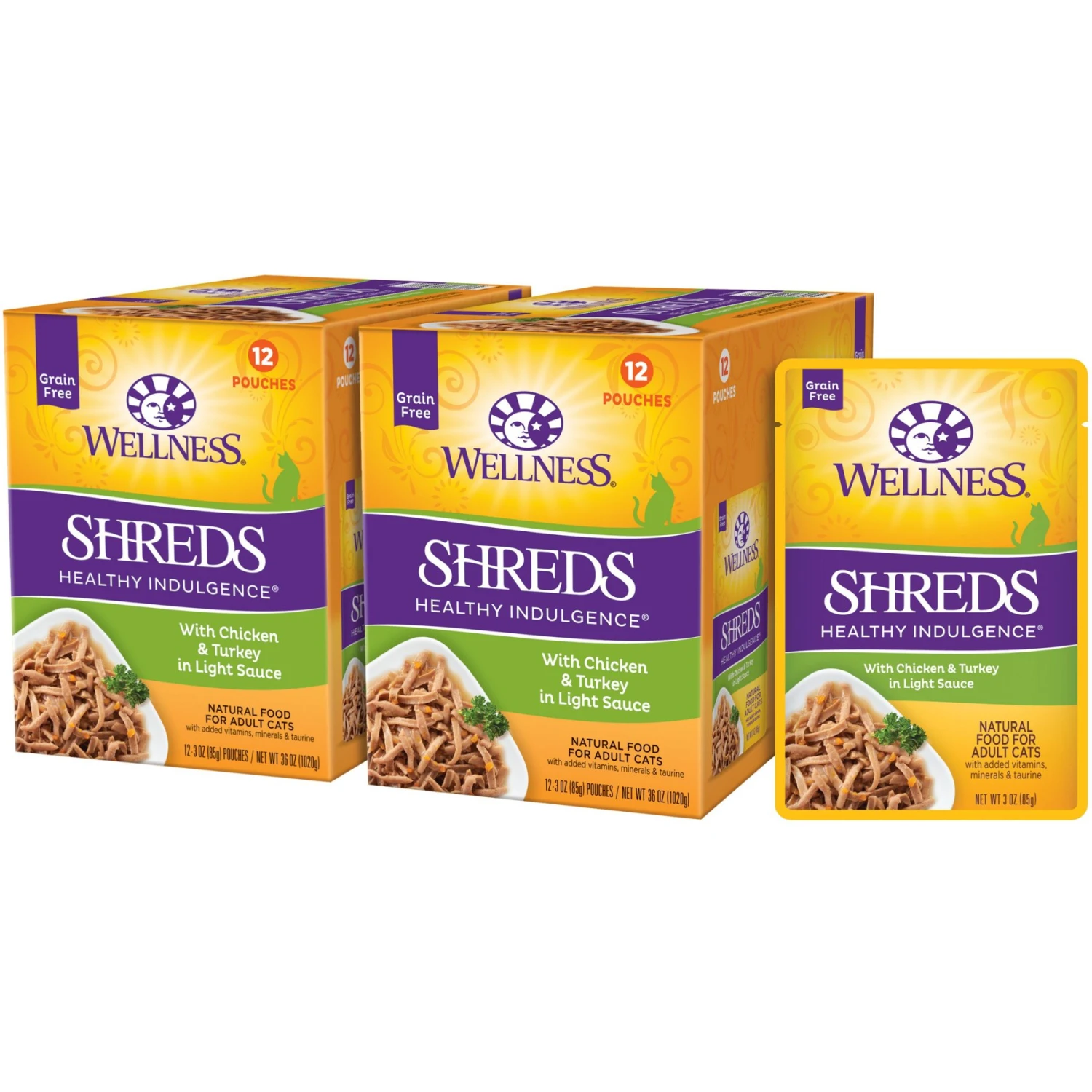 Wellness Healthy Indulgence Shreds With Chicken & Turkey In Light Sauce Grain-Free Wet Cat Food Pouches 3 Wellness Healthy Indulgence Shreds With Chicken & Turkey In Light Sauce Grain-Free Wet Cat Food Pouches